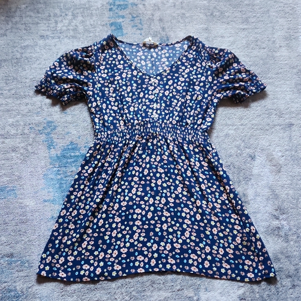 Half shoulder blue flowery flowy knee length dress